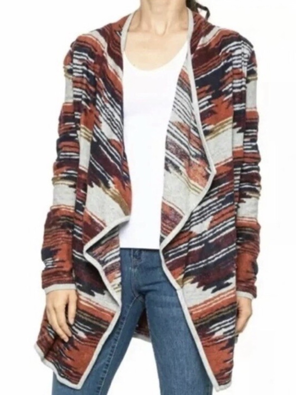 Lucky Brand Aztec Drape Waterfall Hem Open Front Cardigan Size S EUC